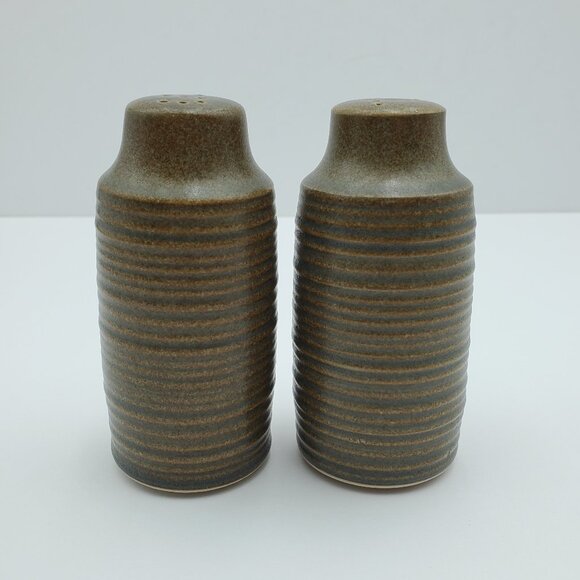 Denby Langley Sherwood Salt & Pepper Shakers Olive Green Brown Ribbed Shakers - Picture 1 of 7